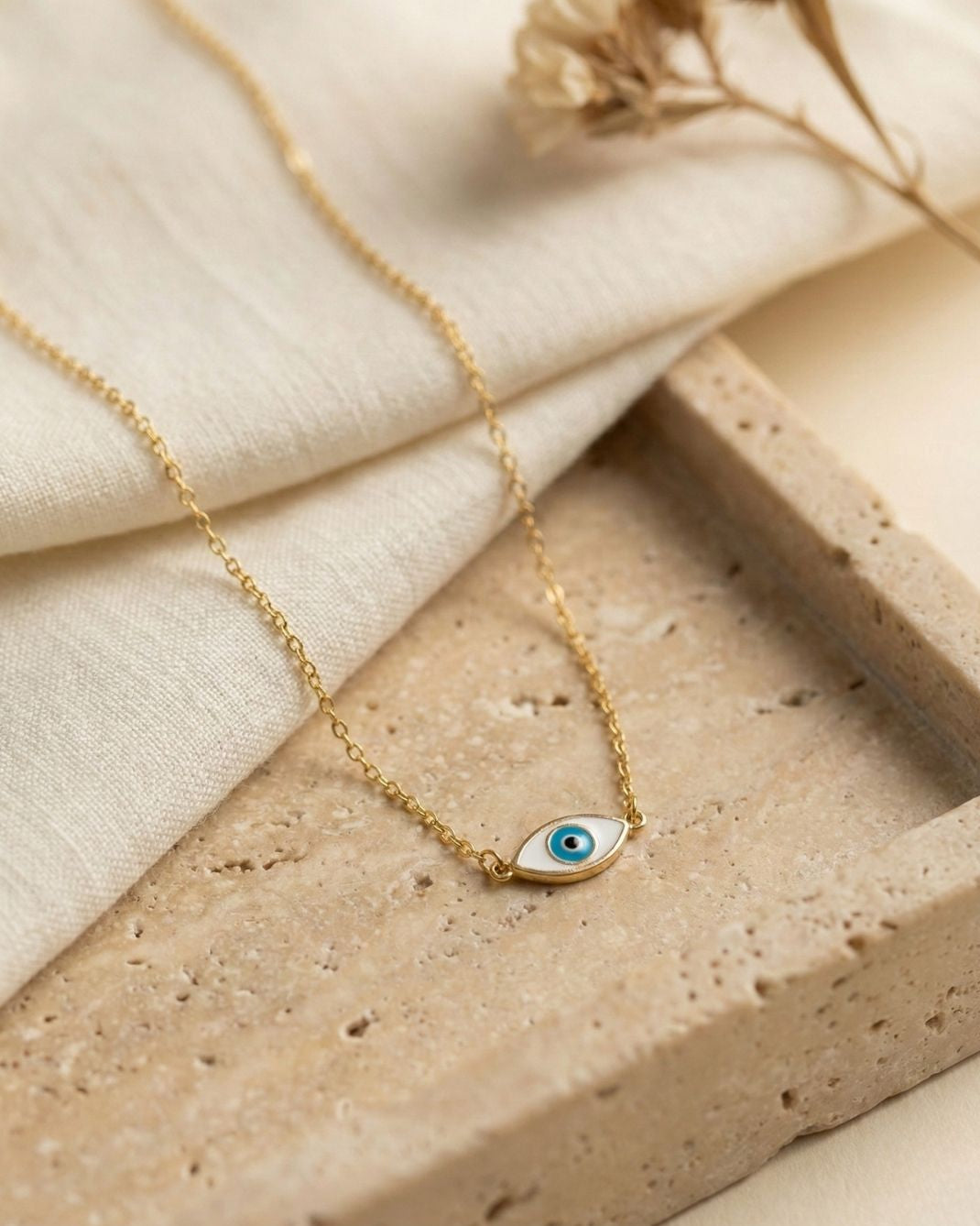 Beyaz Mineli Minimal Göz Kolye | 925 Ayar Gümüş