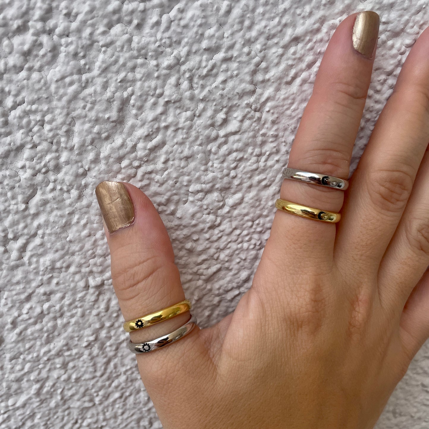 Ay ve Güneş İkonlu Çift Yüzük (2 adet) | 925 Ayar Gümüş