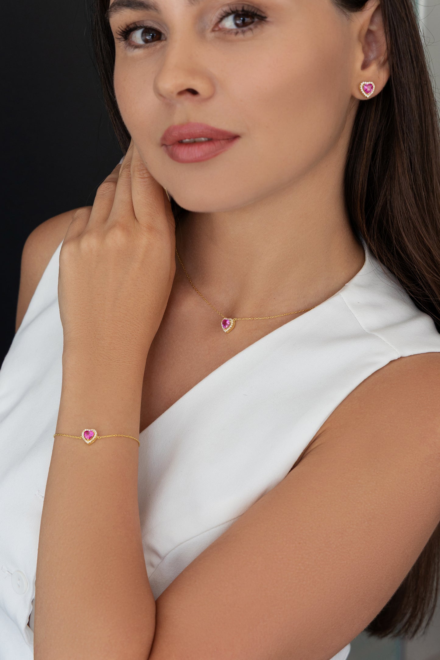 Pembe Taşlı Kalp Bileklik | 925 Ayar Gümüş