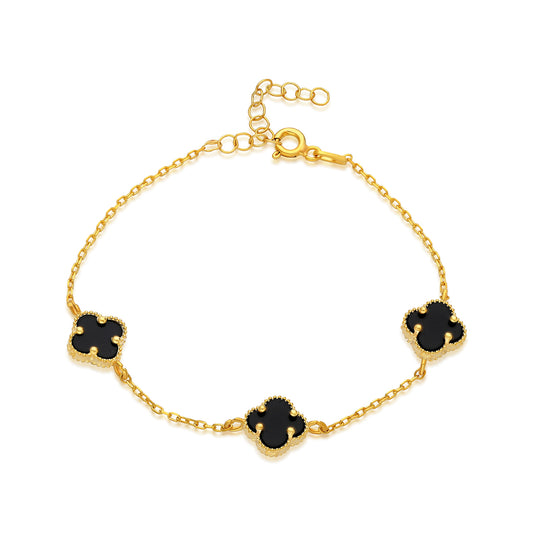 Üçlü Siyah Taşlı Yonca Bileklik | 925 Ayar Gümüş