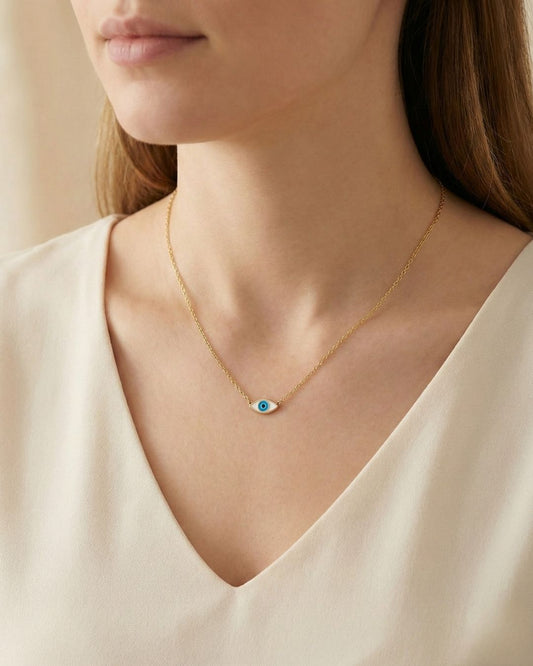 Beyaz Mineli Minimal Göz Kolye | 925 Ayar Gümüş