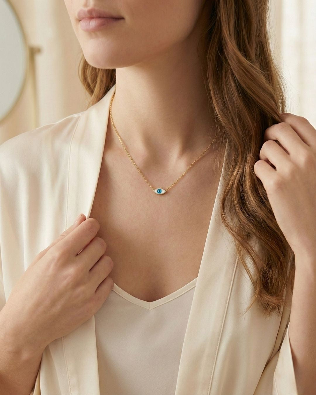 Beyaz Mineli Minimal Göz Kolye | 925 Ayar Gümüş