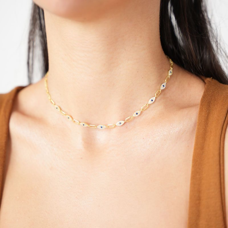 Lacivert Taşlı Göz Charmlı Nazar Boncuklu Choker Kolye | 925 Ayar Gümüş