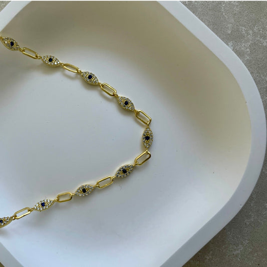 Lacivert Taşlı Göz Charmlı Nazar Boncuklu Choker Kolye | 925 Ayar Gümüş