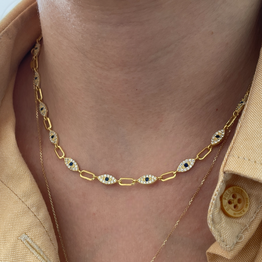 Lacivert Taşlı Göz Charmlı Nazar Boncuklu Choker Kolye | 925 Ayar Gümüş